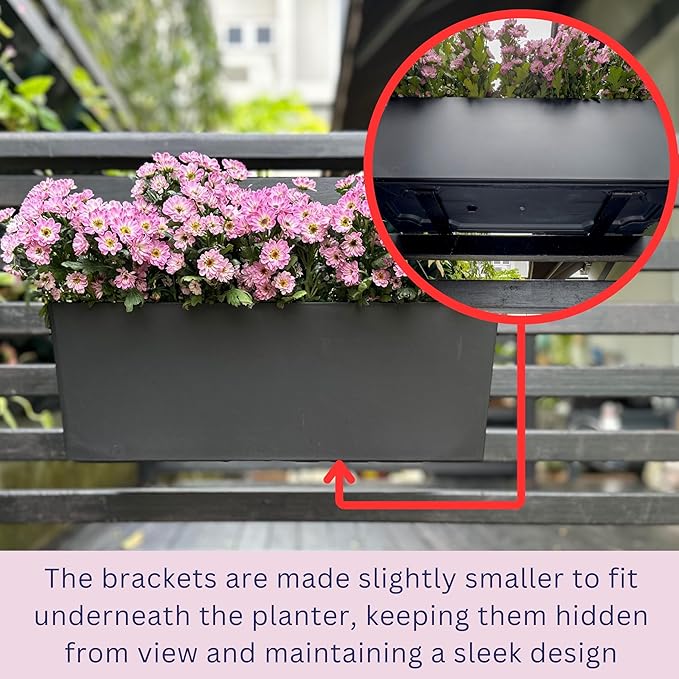 LaLaGreen Deck Railing Planter Boxes (14 Inch, 2 Pack) Self-Watering Window Box Planters with Brackets, Rectangular Hanging Flower Pots for Balcony Fence, Herb Garden Outdoor Black Plastic Planters