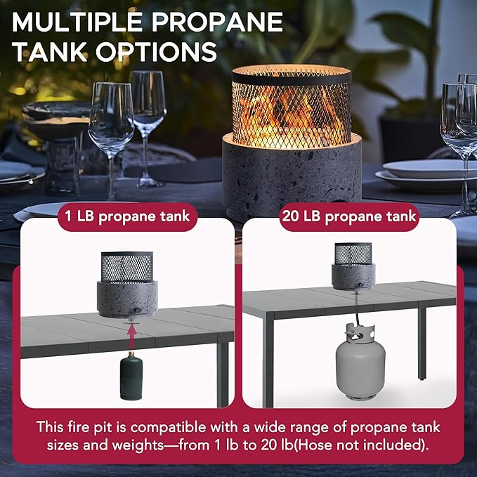 SUNJOY 11000 BTU Tabletop Gas Firepit for Outdoor, 10 Inch Round Tabletop Propane Gas Fire Pit Bottom-Mounted for Table with Umbrella Hole, Portable Smokeless Fireplace with Glass Shield and PVC Cover