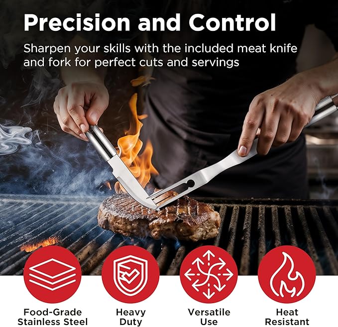 Kaluns Grilling Accessories, Dad Gifts for Fathers Day, Heavy Duty Stainless Steel Grill Set BBQ Grill Accessories for Outdoor Grill with Meat Thermometer, Case and Apron