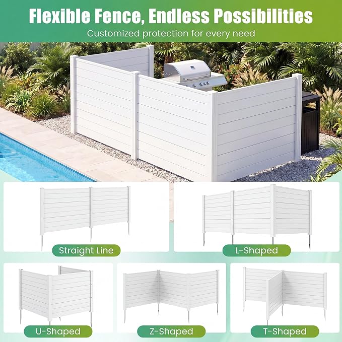 HAPPYGRILL Air Conditioner Fence, 3 Panels Outdoor Privacy Screen with Metal Stakes, No Dig Pool Equipment Enclosure, 48" x 38" Trash Can Screen Fence Kit for Outside Backyard, White