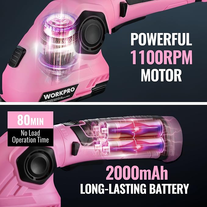WORKPRO Pink Cordless Grass Shear & Shrubbery Trimmer - 2 in 1 Handheld Hedge Trimmer 7.2V Electric Grass Trimmer Hedge Shears/Grass Cutter 2.0Ah Rechargeable Lithium-Ion Battery - Pink Ribbon