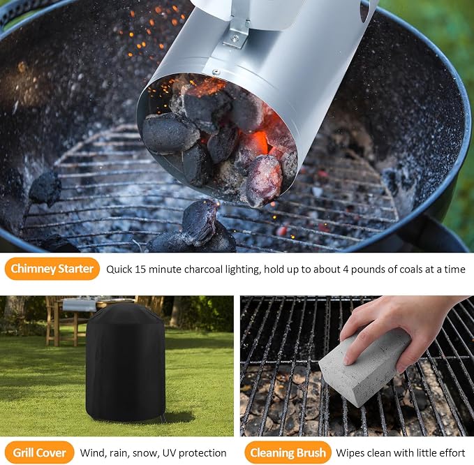 18 inch Kettle Charcoal Grills, Leonyo Portable BBQ Charcoal Grill for Outdoor with Cover & Chimney Starter, Griddle Accessories for Camping, Patio, Backyard Cooking - 254 Sq.in