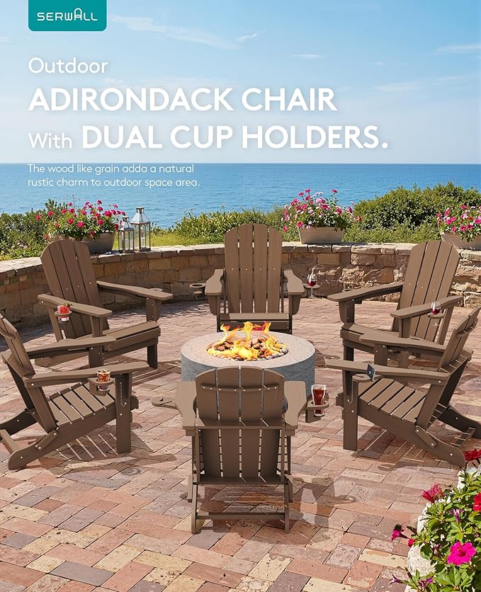 SERWALL Folding Adirondack Chair with Dual Cup Holder,1 Pack-Classic,Brown