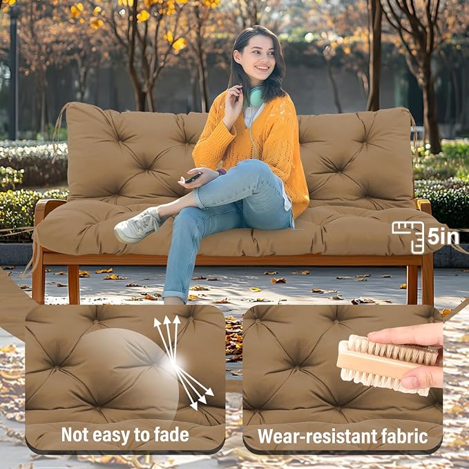 Premium 5" Thick Waterproof Porch Swing Cushions 58 inch Sturdy Durable Outdoor Swing Cushions 3 Seater Replacement with Backrest&Ties Bench Cushion for Outdoor Furniture Backyard Patio