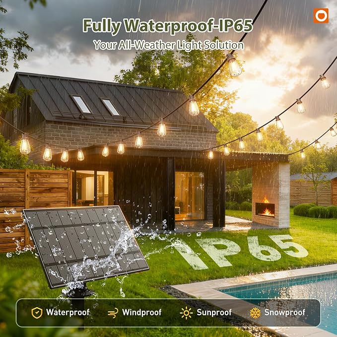 addlon 54(48+6) FT Solar String Lights Waterproof,Patio Lights Solar Powered with Remote& USB Port 24+2 LED Shatterproof Bulbs 3 Lighting Modes Outdoor Lights for Camping Backyard Garden