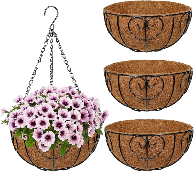 10 inch Metal Hanging Baskets for Plants Outdoor, 4 Pack Metal Wire Hanging Basket Planter with Coco Liner Flower Pots for Indoor Outdoor Garden Porch Patio, Heart-Shaped