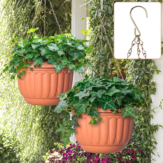 12 Sets Hanging Planters for Indoor and Outdoor Plants Self Watering Hanging Basket Flower Pots Plastic Plant Pots with Drainage Hole and Absorbing Tray(Terracotta,8 Inch)