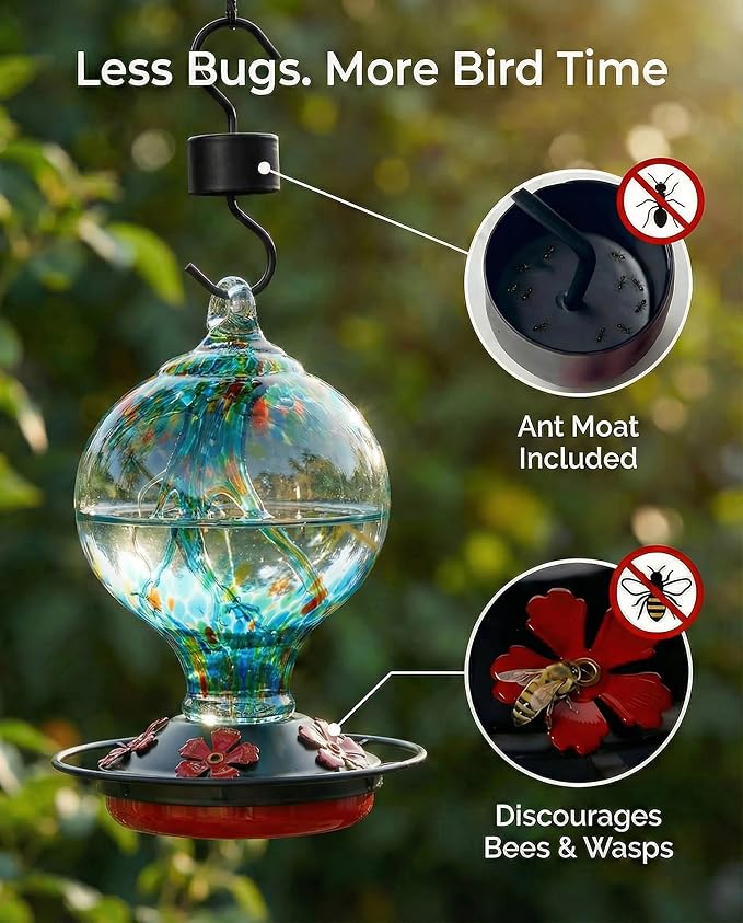 Hummingbird Feeder for Outdoors Hanging, 34 oz, Hand Blown Glass Humming Bird Feeders, Uniqe Gift for Women Mom Garden Bird Lover, Hook & Brush Included, Rainforest Blue