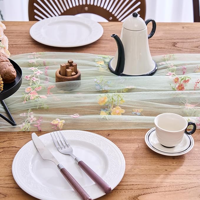 vctops 2 Packs Embroidery Lace Spring Table Runner 10ft Floral Garden Seasonal Tulle Table Runner Holiday Kitchen Dining Table Decoration for Wedding Party Baby Shower Birthday (Sage Green,30"x120")