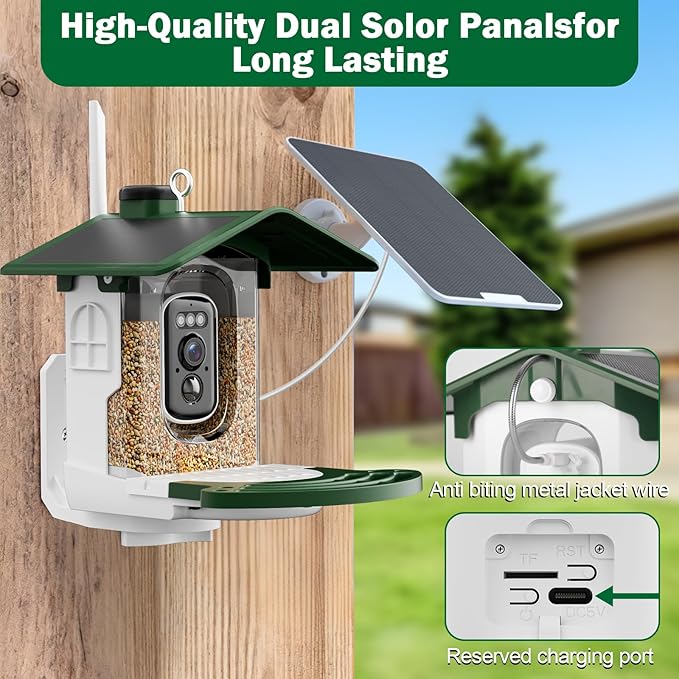 Smart Bird Feeder with Camera Solar Powered - AI Bird Identification, 2K HD Video Stream Camera, 3MP Photos, 2.9in Focus, Gifts for Mom Dad Birdlovers, Grass Green