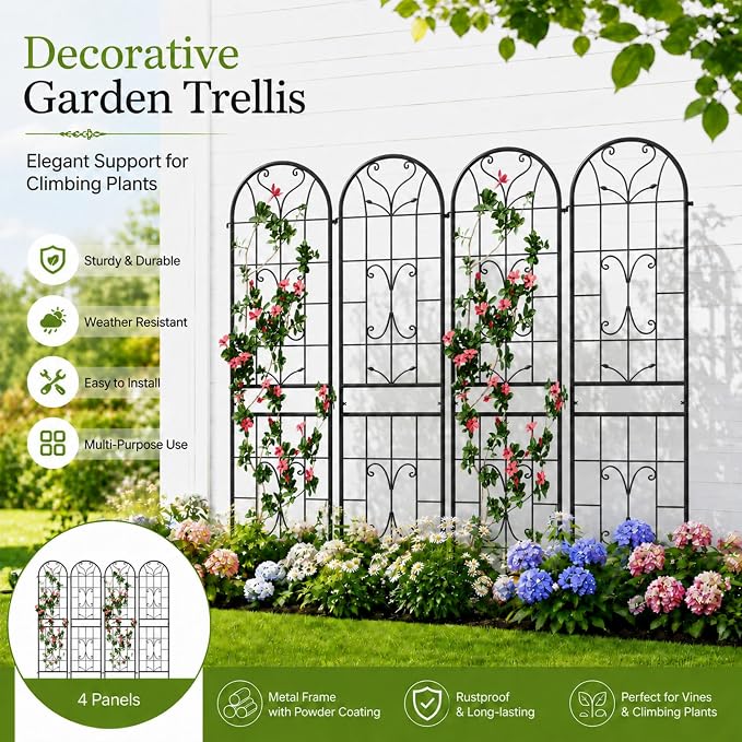 4 Pack 87x20in Garden Trellises, Ornate Scrollwork Black Metal Coated Rustproof Trellis for Climbing Plants Outdoor, Roses, Vegetables, Vines, Cucumbers