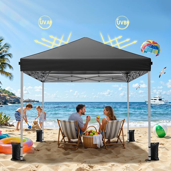 Driftalia 10x10 Pop Up Canopy Tent, Instant Setup Portable Canopy with Carry Bag, 4 Sandbags and 8 Stakes for Outdoor Events, Parties & Camping - Black