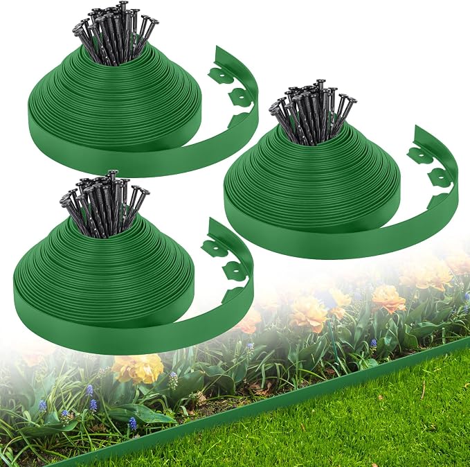 2-Inch x 200 FT Landscape Edging Border with 300 Stakes, Plastic Garden Edging Border Kit, Flexible No Dig Lawn Edging Border for Garden Flower Beds Yard Pathway Paver (Green)
