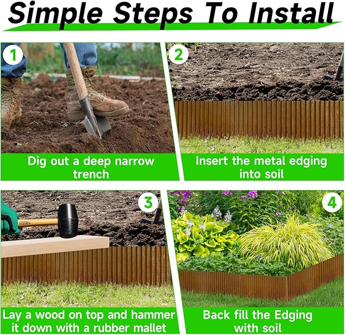 Corrugated Garden Edging, 12"×10Ft Pre-Rusted Landscape Edging & Lawn Edging Border, Metal Garden Border for Flower Beds, Garden，Lawn，Raised Beds & Tree Surrounds