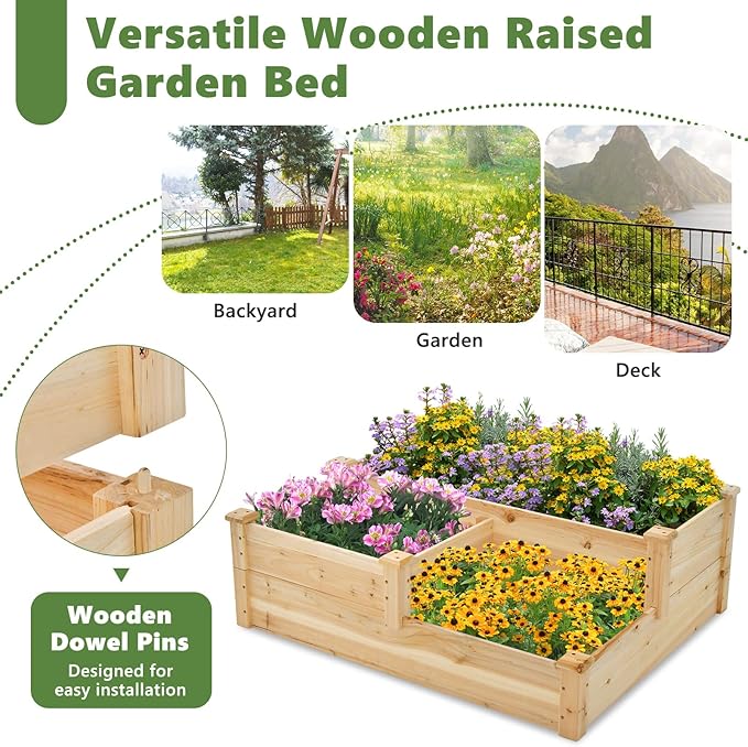 HAPPYGRILL 3-Tier Raised Garden Bed, Wood Elevated Flower Box with Open-Ended Base & Plug-in Connector, Outdoor Planter Raised Beds for Vegetables, Herbs & Fruits