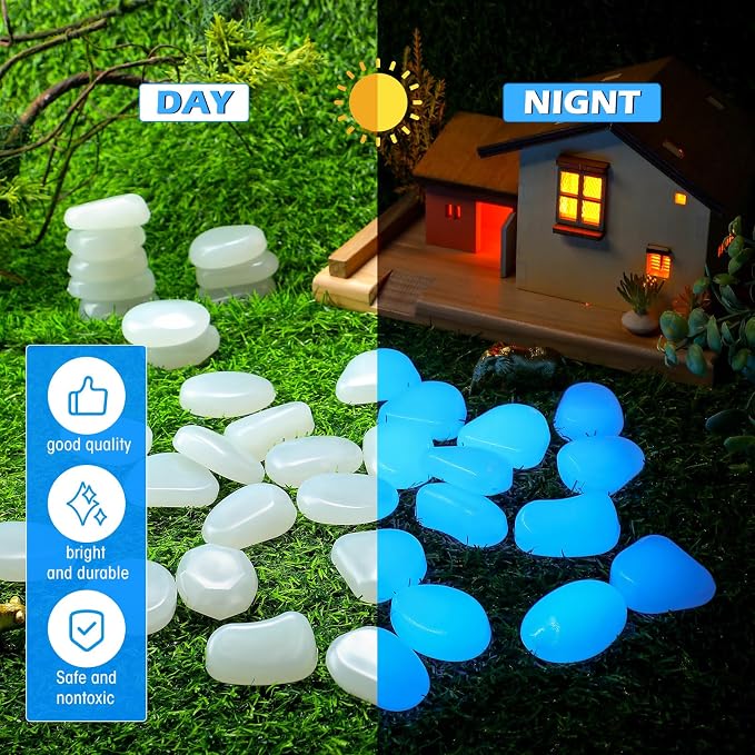 Landical 100 Pcs 1.8 Inch Large Glow in The Dark Rocks Pebbles Outdoor Fish Tank Rocks Aquarium Gravel Luminous Stones for Walkway Succulent Plant Halloween Decor (White)