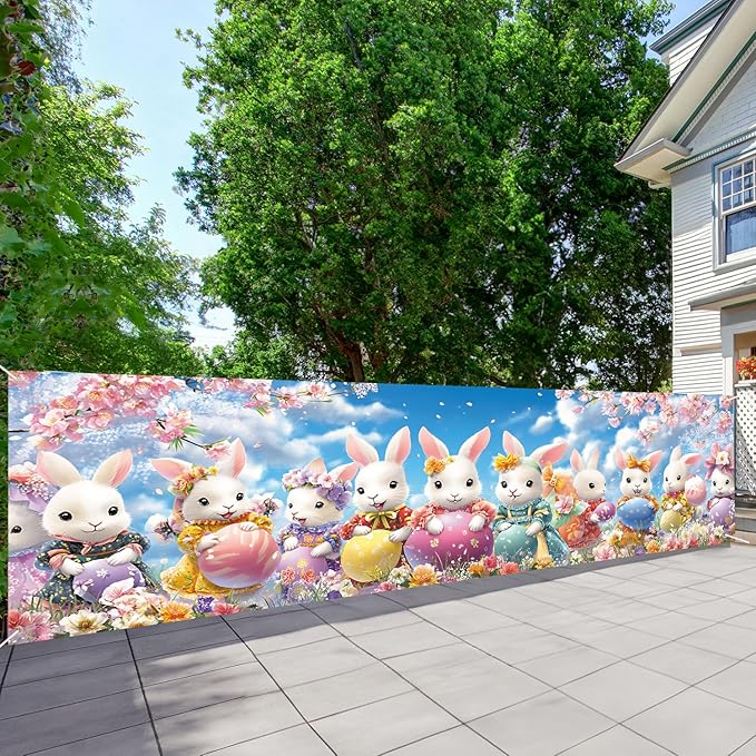 10x3 ft Extra Large Happy Easter Banner Outdoor 115''x35'' Cut Rabbit Banner for Fence Outside Garden Large Bunny Banners Yard