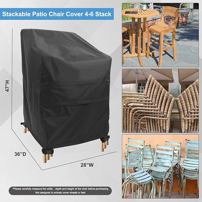 Stackable Chair Covers Outdoor Waterproof - 2 Pack Patio Chair Covers (28W x 36D x 47H inches, Black) Patio Furniture Covers with nonfading fabric fits for 4-6 Stacking Chairs