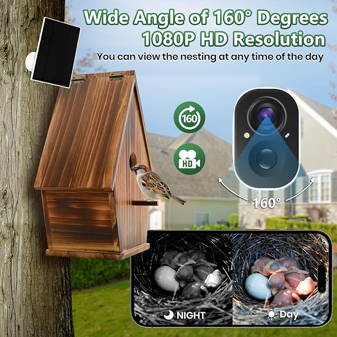 Solar Powered Smart Birdhouse with Camera, 1080P Bird Box with Night Vision for Outside, Auto Capture Bird Video, Motion Detection & 2.4G WiFi App for Bird Activity Monitoring