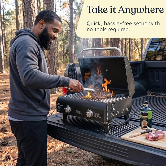 Black Portable Gas Grill, Dual 10,000 BTU Burners, 275 Sq.In Cooking Space, Push-to-Start Ignition, Wind-Proof Lid with Built-in Thermometer, Perfect for Camping Tailgates & Backyard BBQ Cookouts