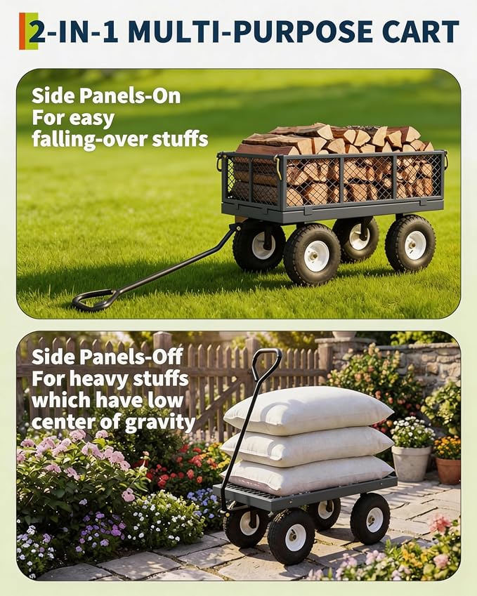 GarveeTech 400LBS Heavy Duty Steel Garden Cart, Garden Wagon Cart on Wheels, Metal Yard Utility Wagon with Removable Mesh Sides, 10" All Terrain Tires, 180° Rotating Handle for Lawn, Garden, Farm