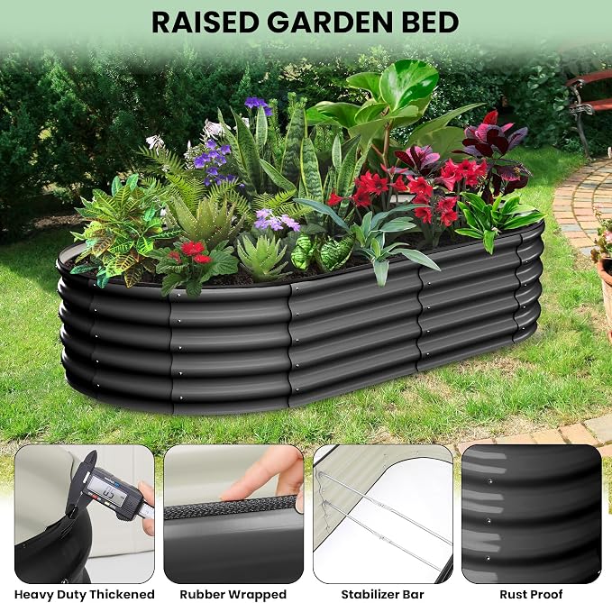 GarveeLife 2 Pcs 6x3x1 ft Oval Raised Garden Bed, Galvanized Raised Beds,Open-Ended Base Metal Raised Planter Beds,Garden Bed Outdoor,Planter Raised Boxes for Vegetables, Flowers,Tool-Free Asse,Gray
