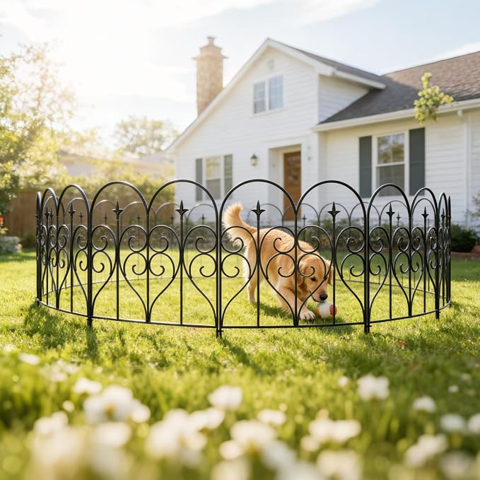 Thealyn Garden Fence 32" H x 20ft (10 Panels), No Digging Heavy Duty Metal Fence Panels, Rustproof Dog Fence Animal Barrier, Interlocking Decorative Fencing for Flower Bed, Yard, Landscape Edging