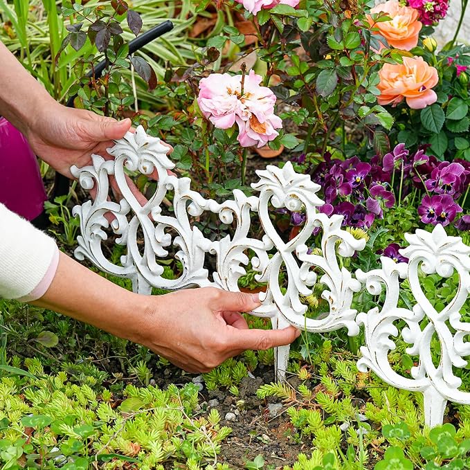 Sungmor Decorative Cast Iron Garden Edging,4 Pack Vintage Garden Border Fence for Lawn, Flower Beds and Patio,Heavy Duty Rustic Ornate Metal Fences,White Finish
