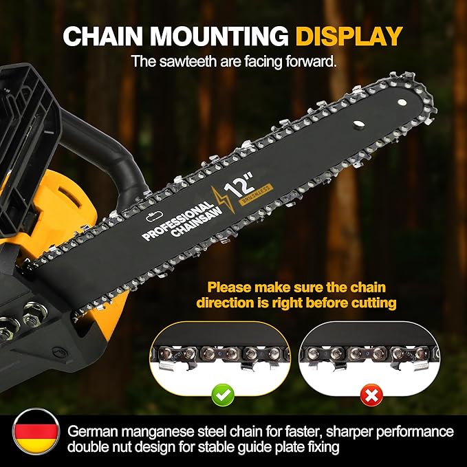 12" Electric Chainsaw Cordless, 20V Battery Powered Cordless Chain Saw, Chainsaw with 2 x 4.0Ah Lithium ion Battery and Charger for Wood Cutting, Tree Saw Trimming and Branch Pruning