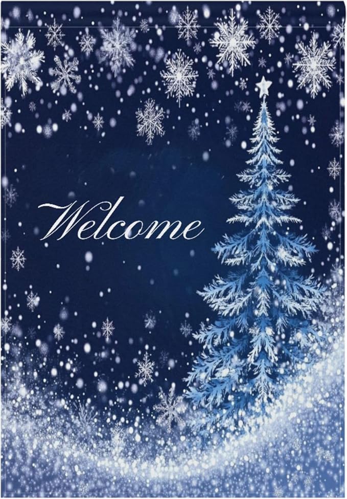 Christmas Tree Blue House Flag 28x40 Inch Double Sided Outside Silver Snowflake Welcome Winter Seasonal Yard Outdoor Flag Banner for Garden Lawn Patio Holiday Decorations