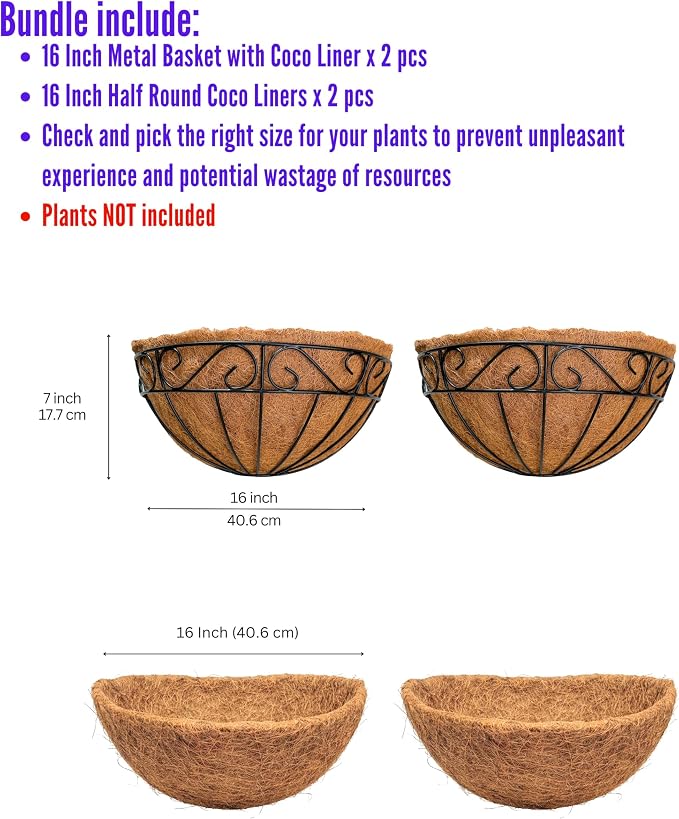 LaLaGreen Bundle- 2 Pack, 16 Inch Metal Basket with Coco Liner + 2 Pack, 16 Inch Half Round Coco Liner Insert Replacement Window Hanging Flower Pot Outdoor Plants Holder Rail Fence Balcony Porch Decor