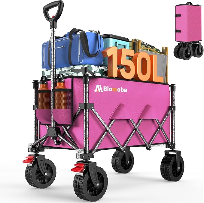 Blomoba Collapsible Wagon Cart, 150L Heavy Duty Foldable Beach Wagon with Wider Wheels & Auto-Rebound Handle, Utility Grocery Shopping Cart for Garden, Shopping, Camping, Sports, Pink