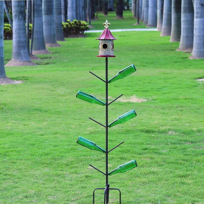 59" H Bird House Bottle Tree for Outdoor Garden, Rust-Proof Metal Bottle Tree Stand, Garden Decorative Bottle Stand