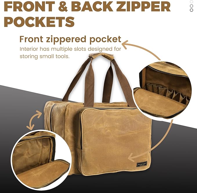 Tool Tote Bag - Large Capacity Tool Carrying Bag with 2 Zipper Pouches, Sustainable 16OZ Waxed Canvas Garden Tote for Gardening Set Hammer Fishing Gear Goggles - Khaki - 15.5"L x 7.5"W x 11.5"H