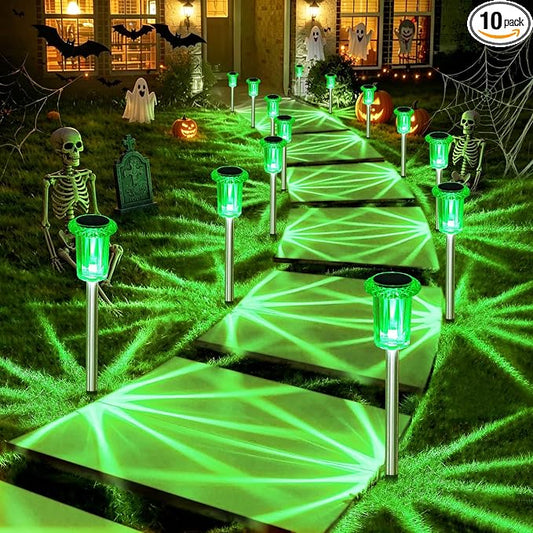 DenicMic Solar Halloween Lights Outdoor 10 Pack Green LED Halloween Decor | Yard Garden Pathway Walkway Patio Lawn, Spike Style Starburst Pattern, Acrylic/Stainless Steel Halloween Decorations Outdoor