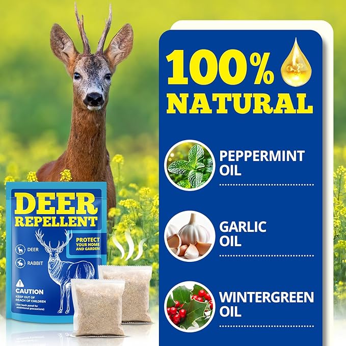Deer Repellent 12 Pouches, Rabbit Repellent Outdoor for Plants, Natural Deer Deterrent Keep Deer and Rabbit Out of Garden Yard, Powerful Deer Repellent for Orchard Plants Trees Vegetables Flowers