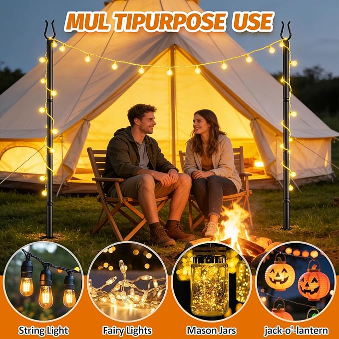Aredy 6 Pack String Light Poles - 10FT Light Poles for Outside with Fork Base, Outdoor String Light Poles, Durable Poles for String Lights in Backyard, Deck, Garden, Wedding Events