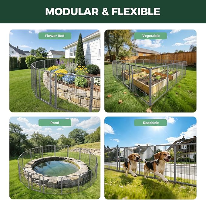 FXW Garden Fence Outdoor for the Yard – 32in(H) x 72.9ft(L) Heavy Duty Metal Animal Barrier for Dog, No Dig Decorative Dog Fence, 32 Panels, Silver