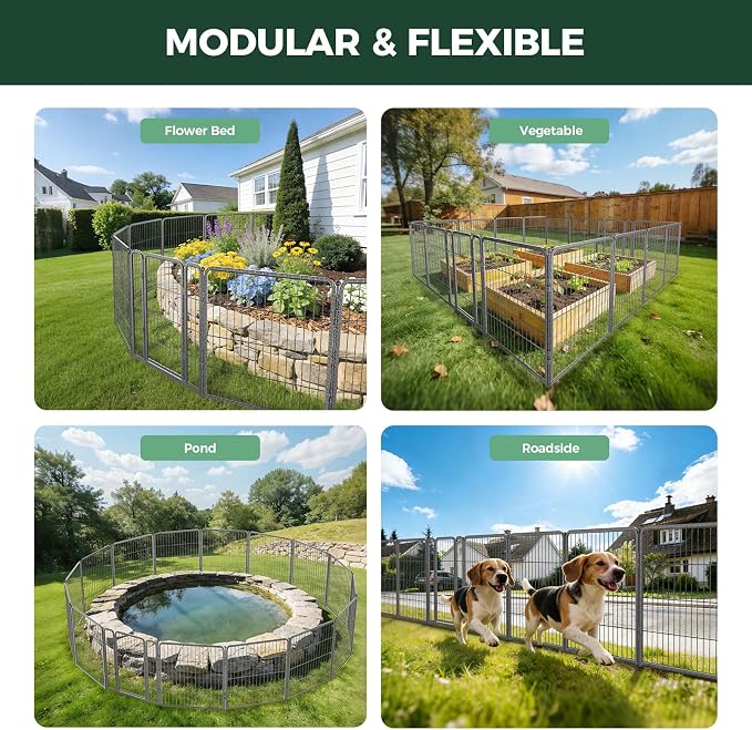 FXW Garden Fence Outdoor for the Yard – 32in(H) x 18.2ft(L) Heavy Duty Metal Animal Barrier for Dog, No Dig Decorative Dog Fence, 8 Panels, Silver