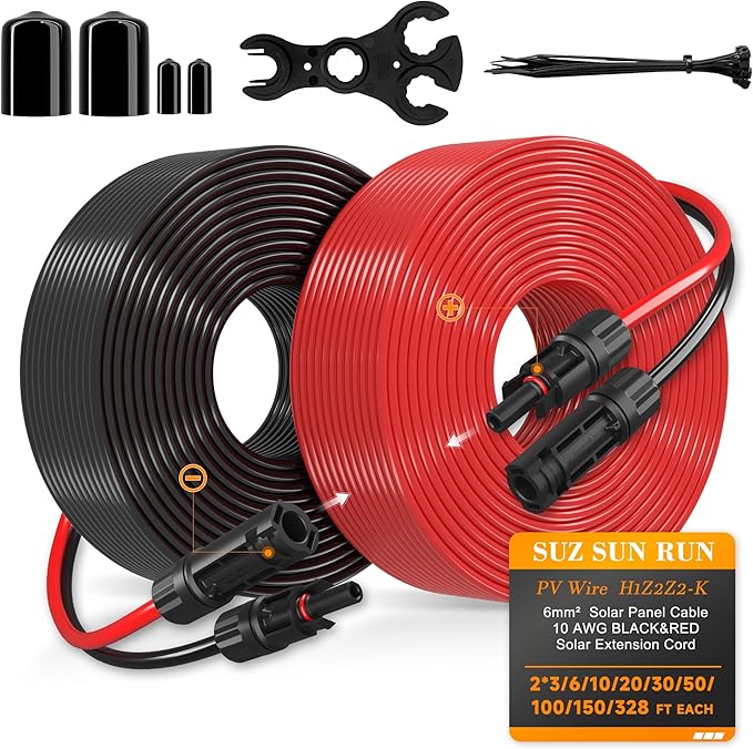 Solar Extension Cable 10 Gauge Panels Wire 6Ft 10AWG (6mm²) PV Wires Tinned Copper Cables with 2 Pairs Solar Connectors for Outdoor Automotive, Marine, (Black&Red)