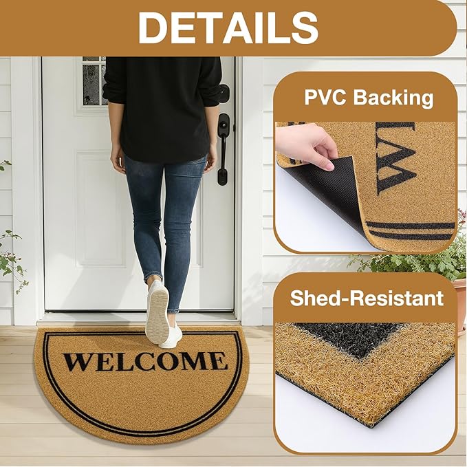 OLANLY Half Circle Front Door Mat, Low Profile Doormat, Stain and Fade Resistant, Easy to Clean, for Indoor and Outdoor Entrances, Patio Porch or Entryway, Brown (30x17 Inch, Welcome)