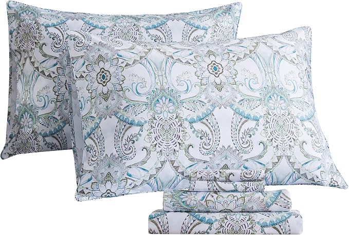 FADFAY Blue Paisley Sheets Set Queen Classic Boho Paisley Bedding Luxurious Bohemian Damask Paisley Bed Sheet Breathable 100% Egyptian Cotton 800 Thread Count Deep Pocket Fitted Sheet 4Pc, Queen Size