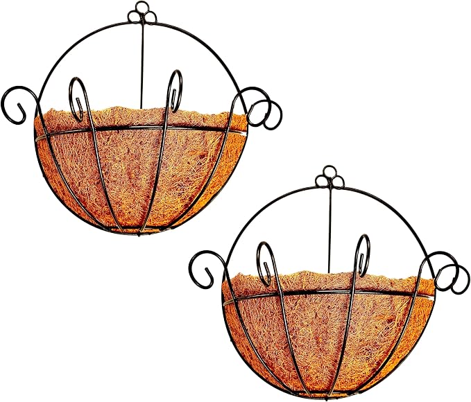 ShopLaLa Wall Hanging Planter for Outdoor Plants (12 Inch, 2 Pack) Wall Mounted Flower Baskets with Coco Liner for Outside Plant, Fence Railings Pots Holder Balcony Deck Porch Modern Garden Decor