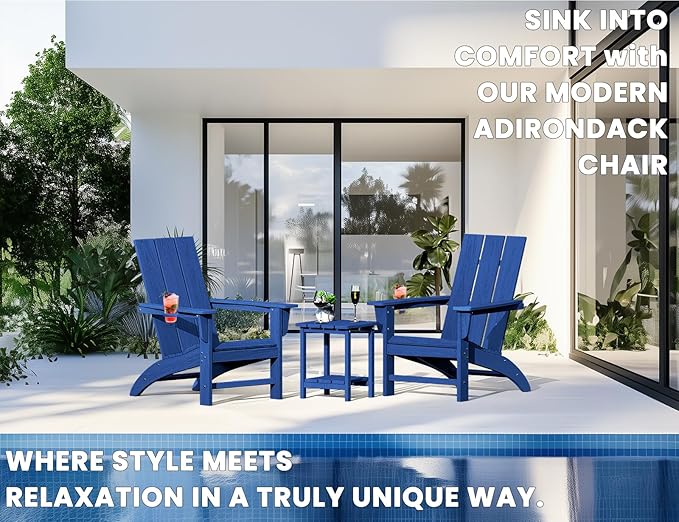 Modern Adirondack Chair, HDPE Plastic Patio Chairs for All Weather, Fire Pit Chair, Outdoor Lawn Chairs for Deck, Porch, Backyard, Garden, Navy Blue
