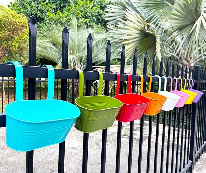 12" Balcony Railing Planters, Outdoor Hanging Planter for Fence, Stylish Metal Porch Deck Flower Pot for Herbs & Succulents (11.8", Pack of 8)