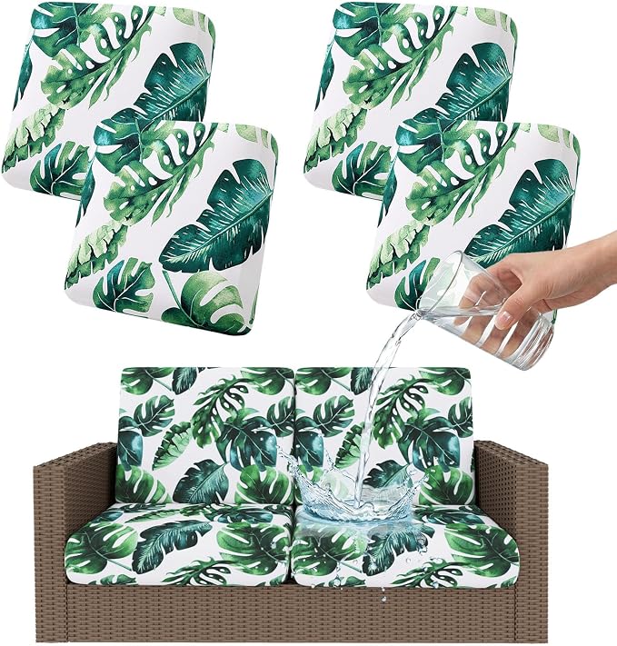 Smiry Waterproof Patio Cushion Covers, Stretch Outdoor Couch Slipcovers Replacement Washable Furniture Protector Sofa Chair Seat Cover for Dogs and Pets (4 Pcs, Green)