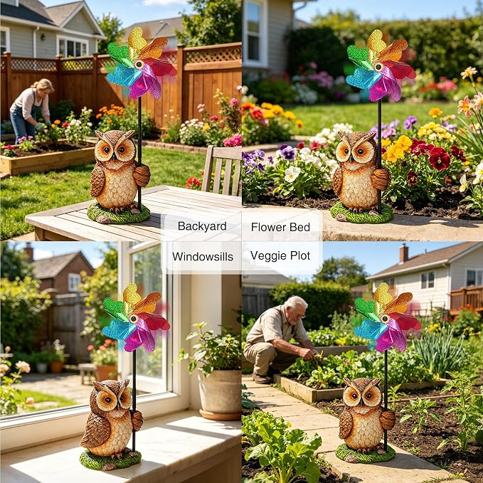 Owl Wind Spinners Garden Decor, Outdoor Resin Yard Statue & Colorful Reflective Spinners for Flower Bed, Lawn, Backyard Outdoor Decor Gifts for Women, Garden Lover