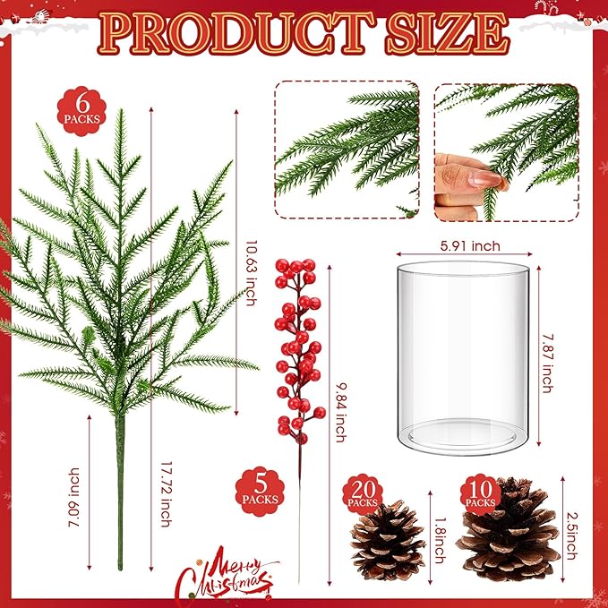 Shappy 42 Pcs Christmas Table Centerpieces DIY Farmhouse Christmas Centerpieces for Dining Table 6 Norfolk Pine Branches 30 Pine Cones 5 Red Berry Stems 1 Glass Vase for Kitchen Tabletop Decorations