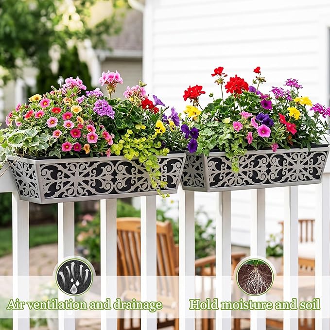 2 Pack 30 Inch Window Boxes Planter for Outdoor Plants Deck Railing Planters Box with Adjustable Brackets for Porch Fence Balcony Hanging Flower Baskets with Non-Woven Fabric Liner for Garden Décor