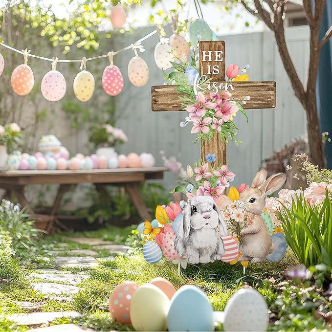 Weysat Easter Metal Yard Signs He Is Risen Cross Metal Decoration Outdoor 23.6 Inch Easter Rabbit Welcome Porch Sign Christian Yard Decorations with Stakes Waterproof for Home Garden Patio Lawn Party